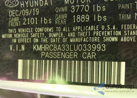 2020 Hyundai Venue Sel z USA, uszkodzony, nr VIN KMHRC8A33LU033993